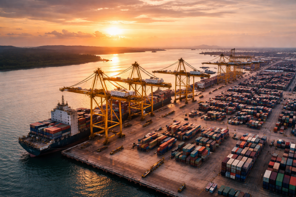 Kuala Tanjung Port in North Sumatra, a major international trade gateway for Sumatra