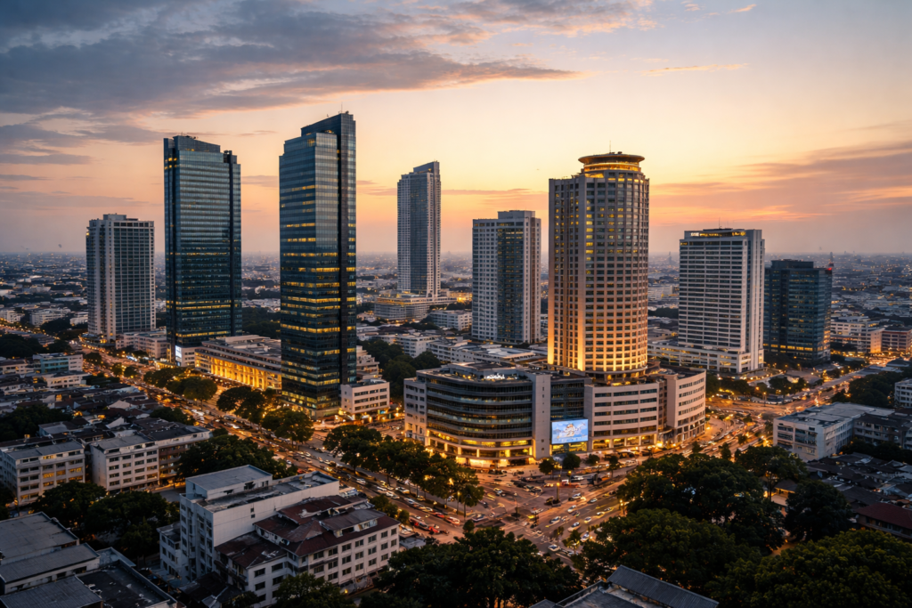 Medan skyline business district in North Sumatra, Indonesia
