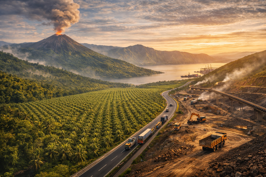 Integrated investment ecosystem in Sumatra featuring plantation, rainforest, mining, infrastructure, and logistics