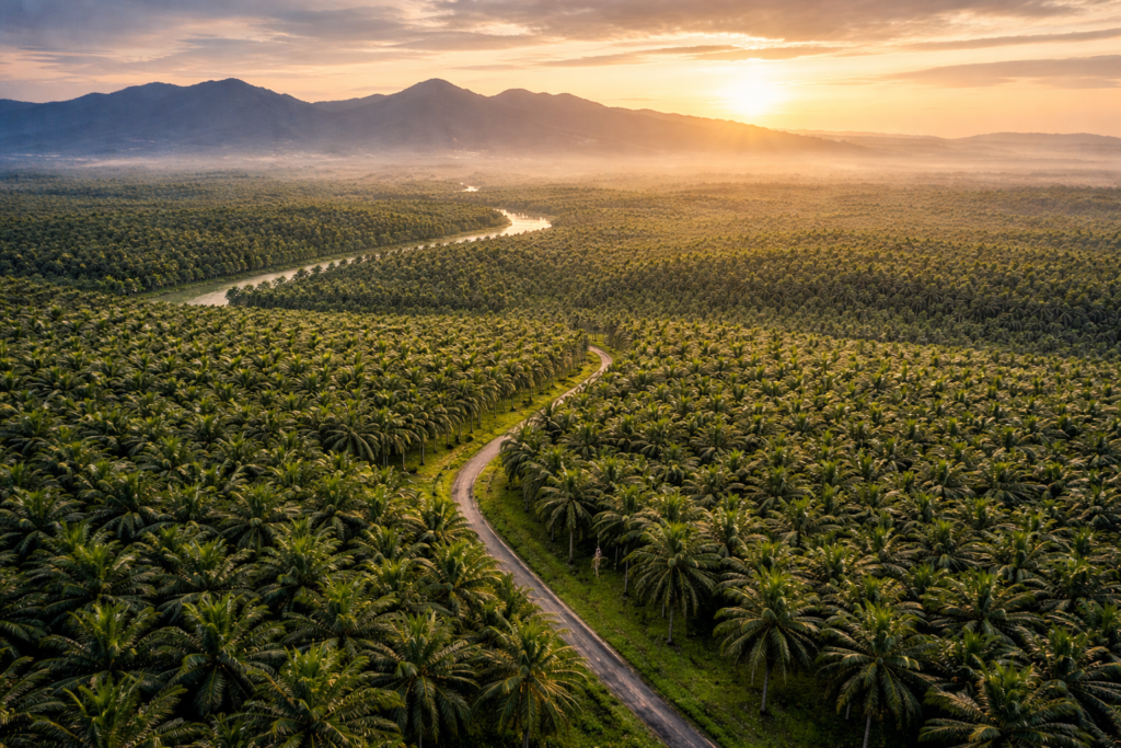 Palm oil plantation landscape in Sumatra, Indonesia