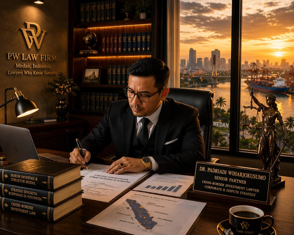 Pengacara Medan dari PW Law Firm sedang menganalisis strategi sengketa bisnis di Sumatra dengan pendekatan hukum dan struktur investasi