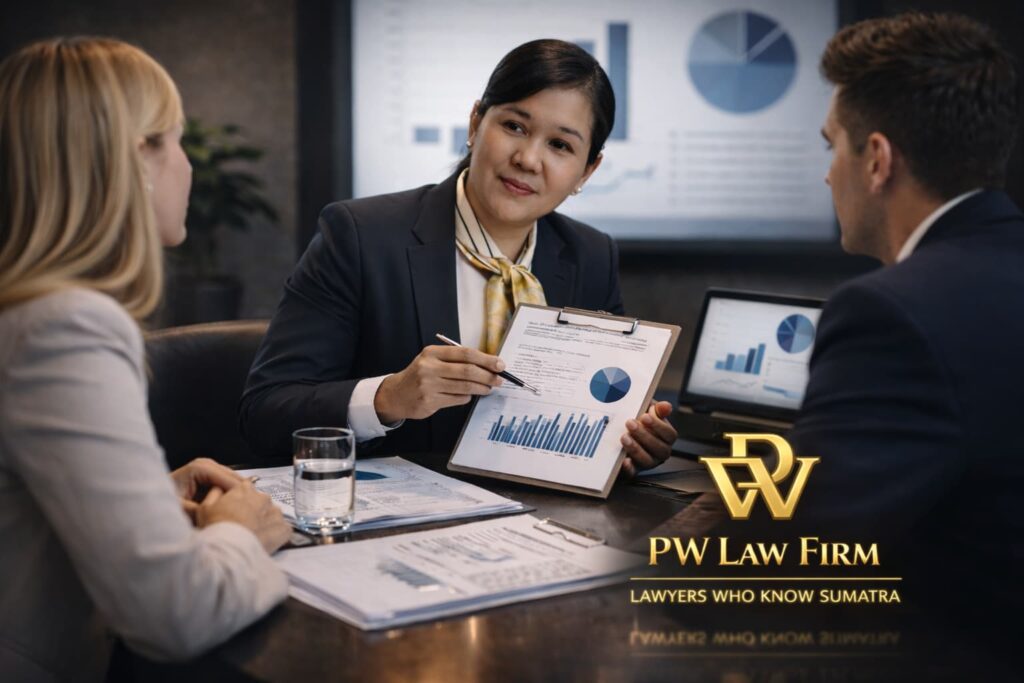 Novita dari PW Law Firm menjelaskan strategi bisnis kepada investor internasional dalam pertemuan profesional dengan pendekatan hukum strategis di Sumatra
