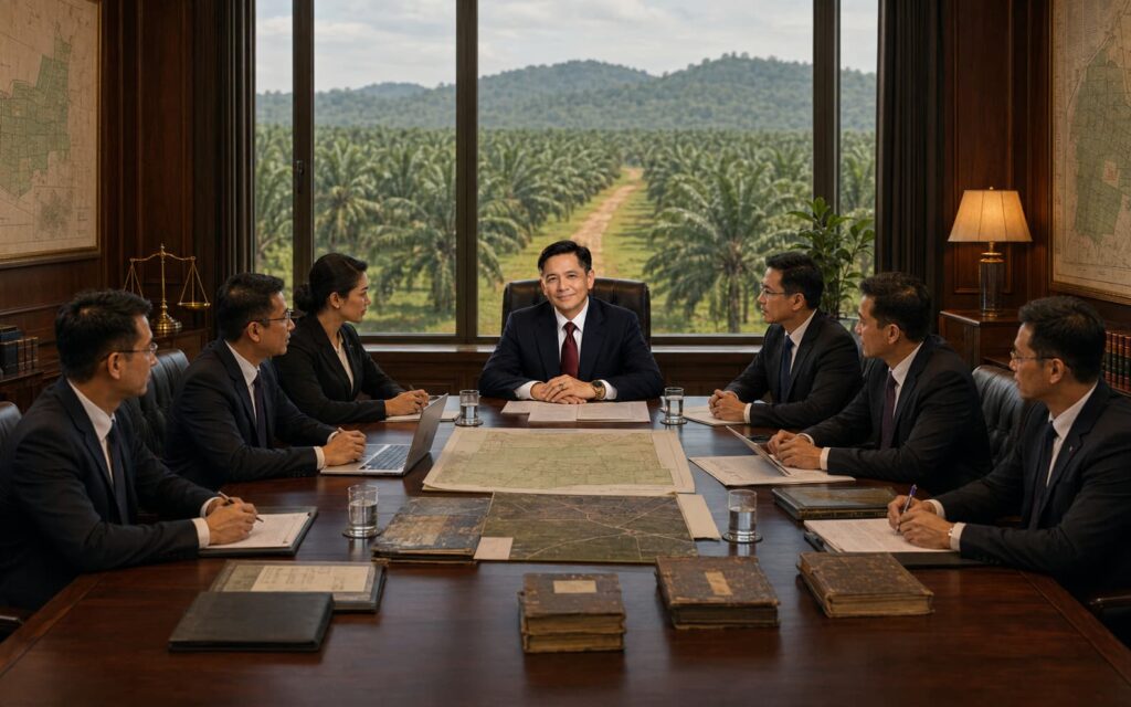 Corporate land title dispute North Sumatra legal team reviewing land certificates, cadastral maps, and plantation land dispute strategy.