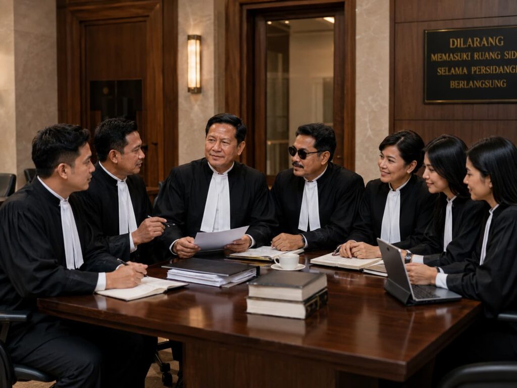 PW Law Firm Medan advocates discussing legal strategy during court recess