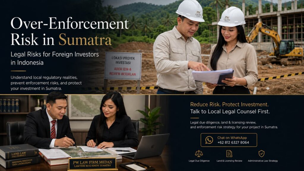 Foreign investors and Indonesian legal counsel reviewing land and licensing risks at a project site in Sumatra